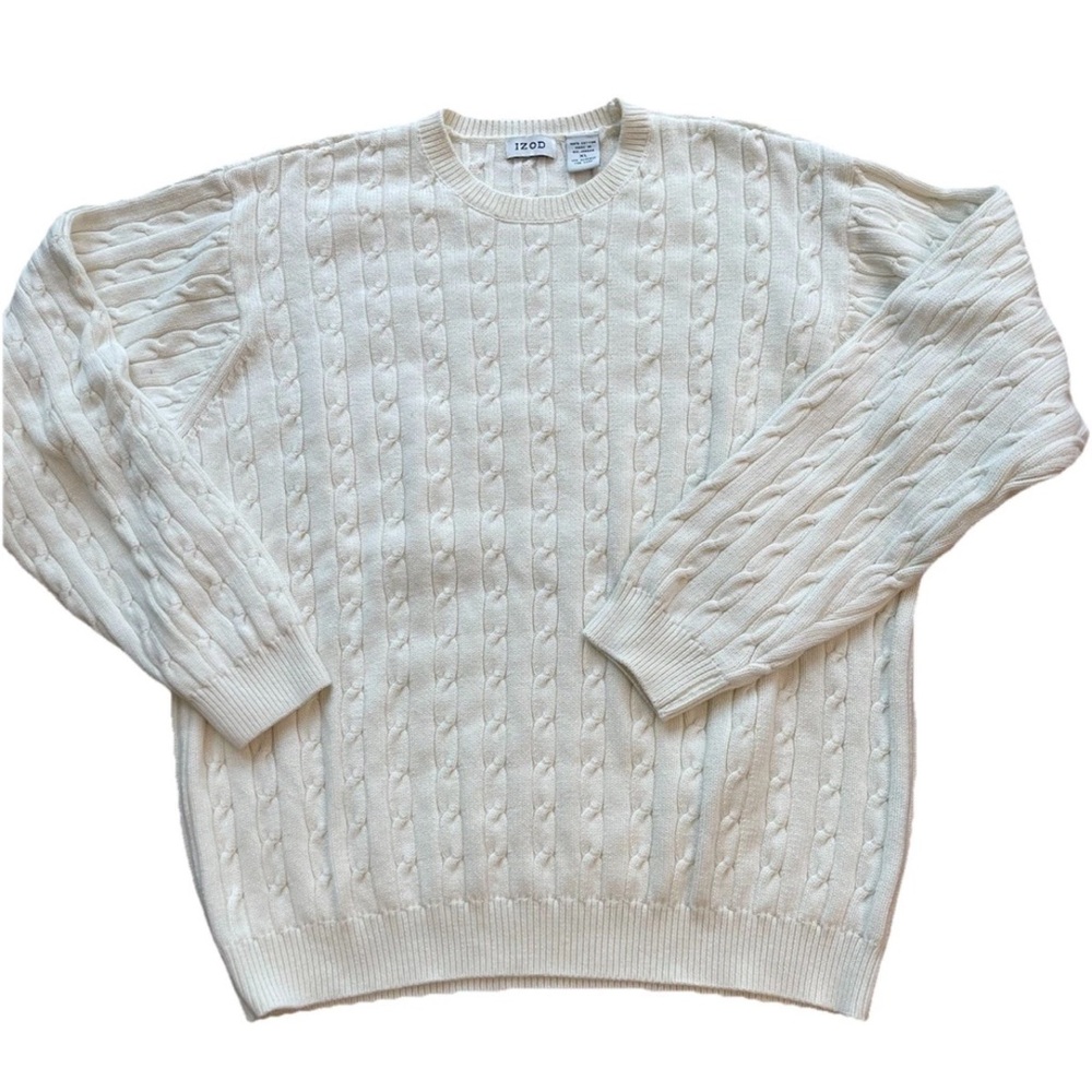 IZOD men’s cream crew neck pullover Vintage Y2K 100% cotton sweater size XL
